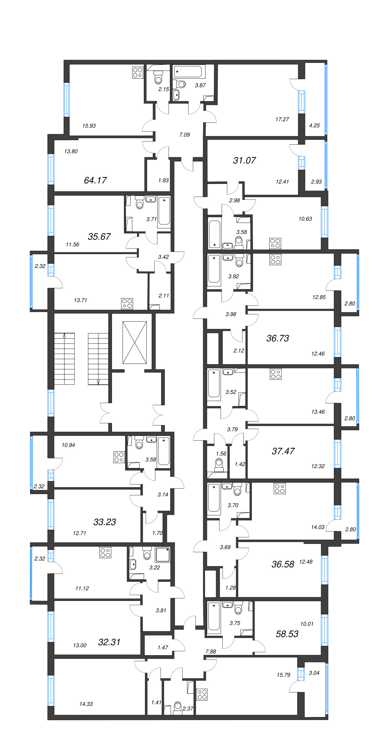 3-комнатная (Евро) квартира, 64.17 м² в ЖК "Кинопарк" - планировка этажа