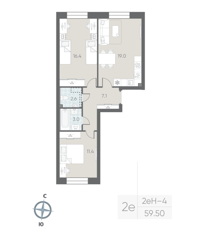 3-комнатная (Евро) квартира, 59.5 м² - планировка, фото №1