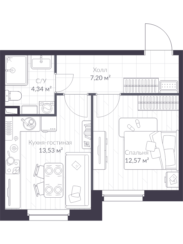 1-комнатная квартира, 37.6 м² в ЖК "VEREN NEXT шуваловский" - планировка, фото №1