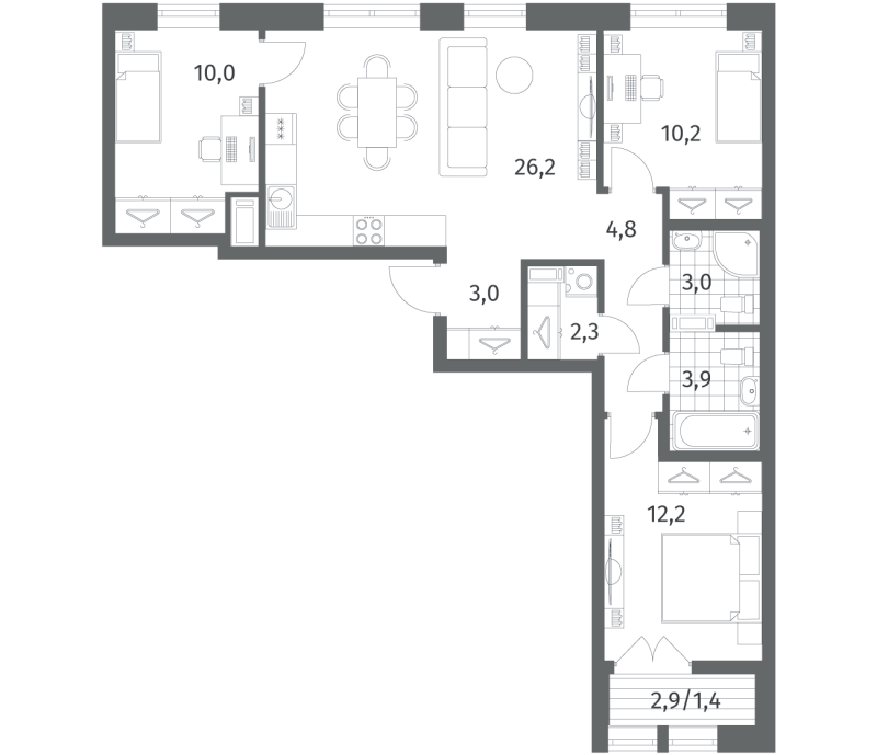 3-комнатная квартира, 77.13 м² в ЖК "NewПитер 2.0" - планировка, фото №1