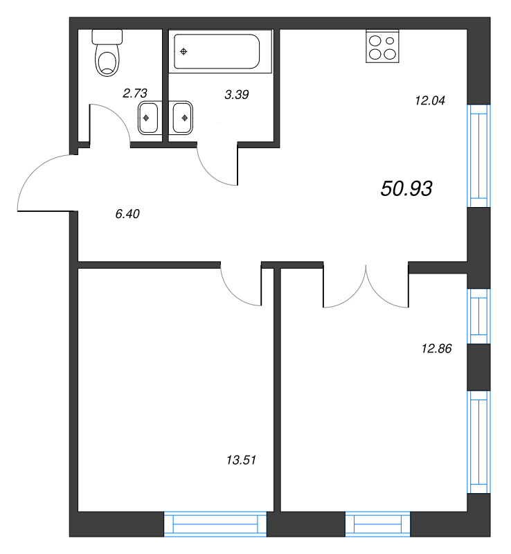2-комнатная квартира, 50.93 м² - планировка, фото №1