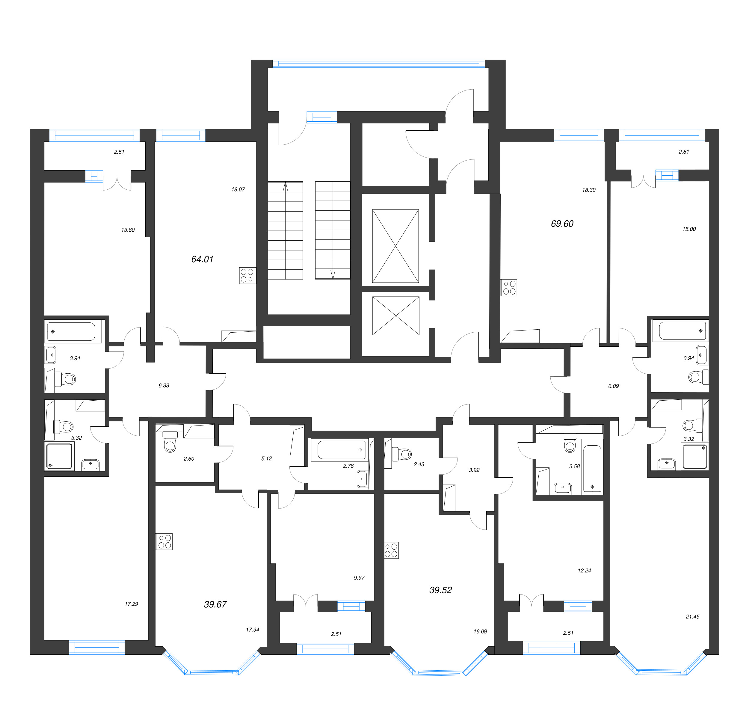 2-комнатная (Евро) квартира, 39.67 м² в ЖК "Цивилизация на неве" - планировка этажа