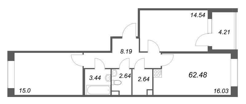 3-комнатная (Евро) квартира, 62.48 м² в ЖК "Дом на Курской" - планировка, фото №1