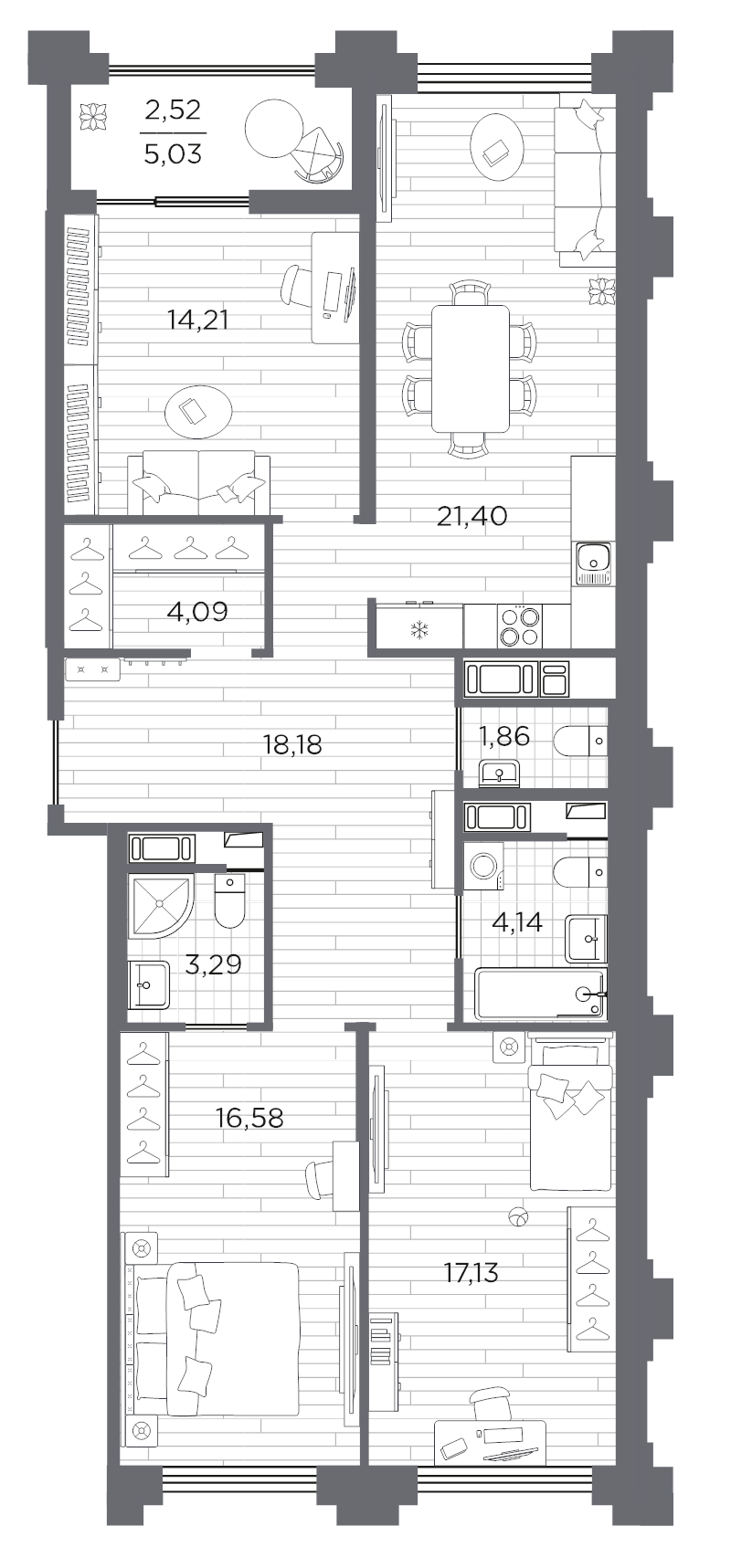 4-комнатная (Евро) квартира, 103.4 м² в ЖК "Ассамблея" - планировка, фото №1