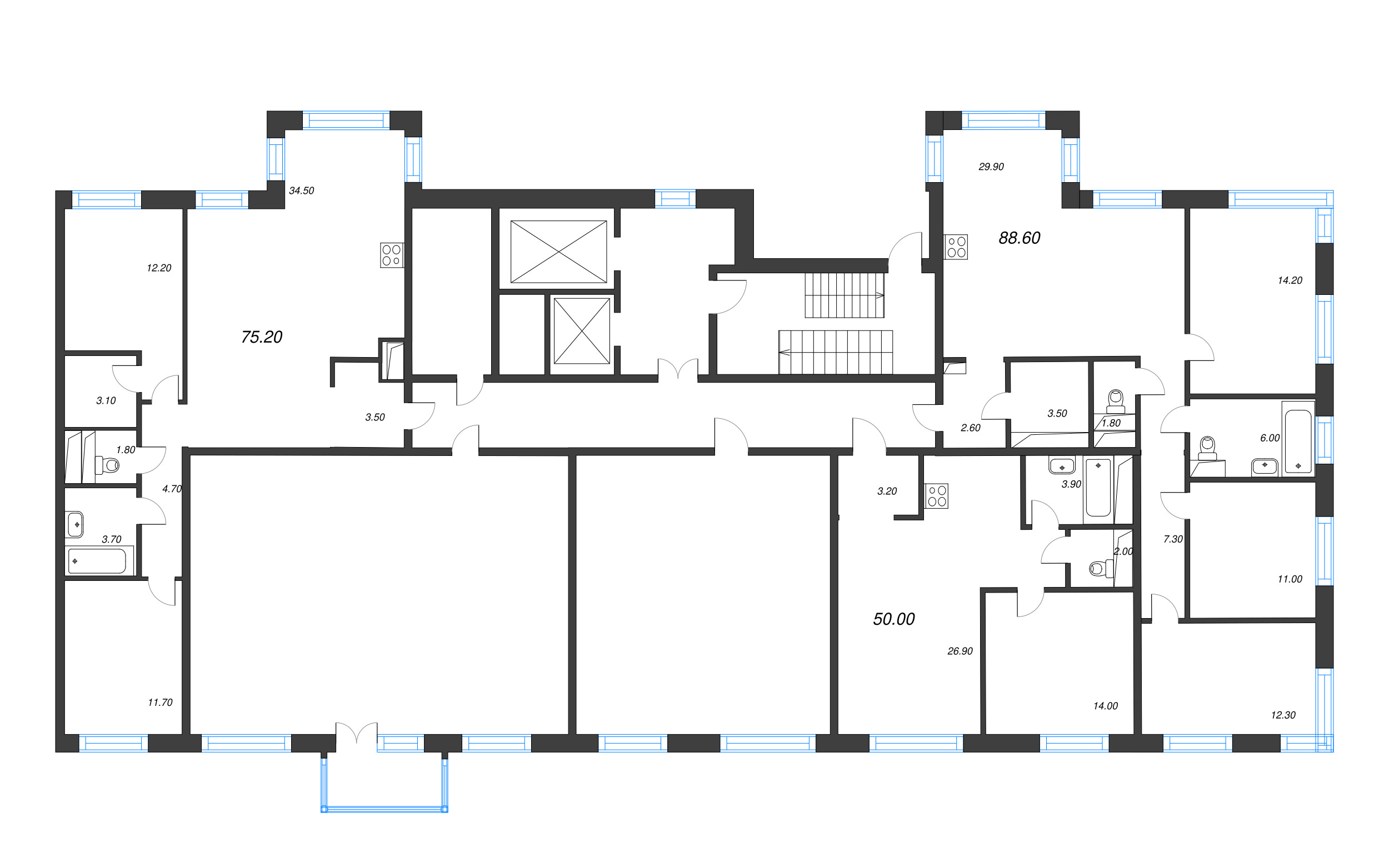 3-комнатная (Евро) квартира, 63 м² в ЖК "Легенда на Охте" - планировка этажа