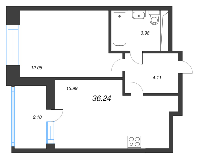 2-комнатная (Евро) квартира, 36.24 м² - планировка, фото №1
