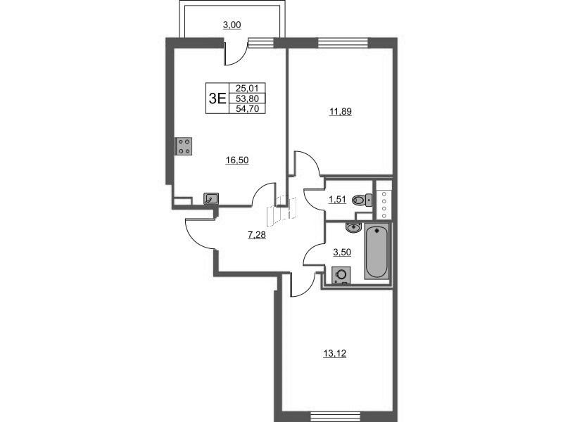 3-комнатная (Евро) квартира, 54.7 м² в ЖК "Лето" - планировка, фото №1