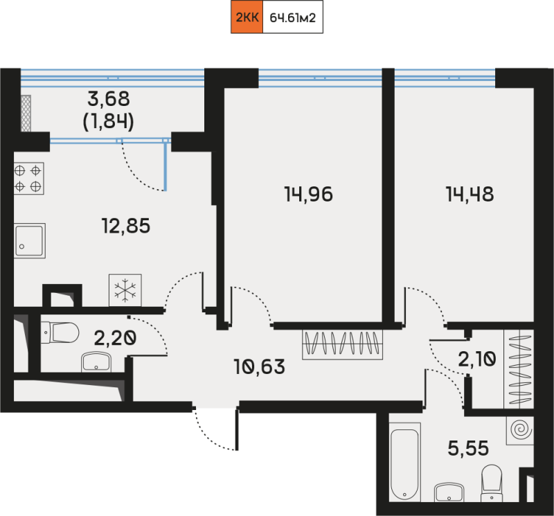 2-комнатная квартира, 64.36 м² в ЖК "Дом Регенбоген" - планировка, фото №1