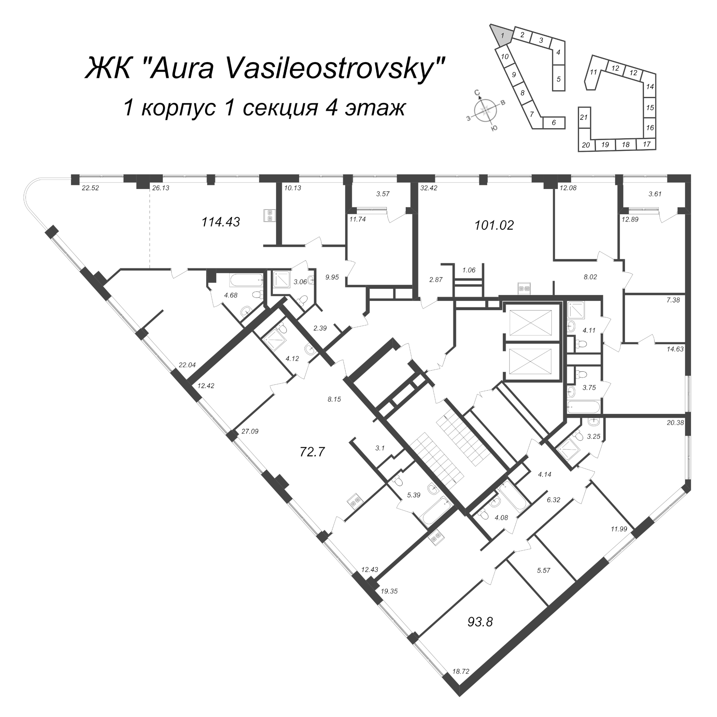 4-комнатная (Евро) квартира, 93.8 м² в ЖК "GloraX Premium Василеостровский" - планировка этажа