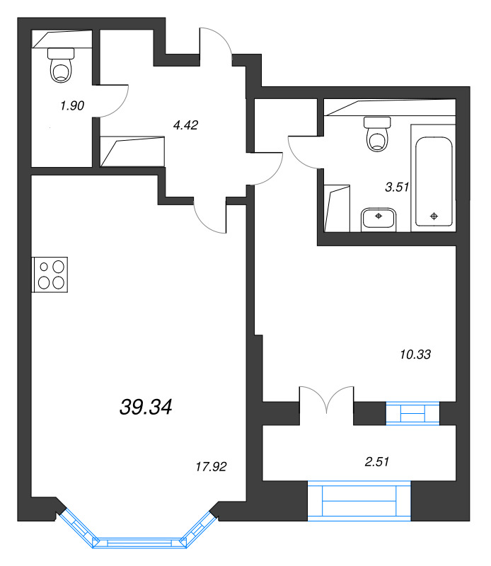 2-комнатная (Евро) квартира, 39.34 м² в ЖК "Цивилизация на неве" - планировка, фото №1
