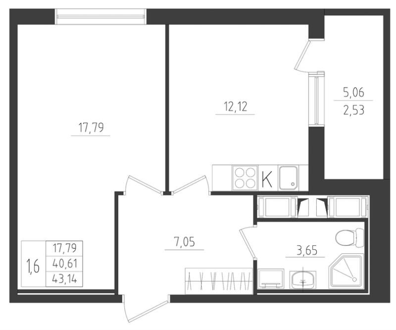 1-комнатная квартира, 43.14 м² в ЖК "Новикола" - планировка, фото №1
