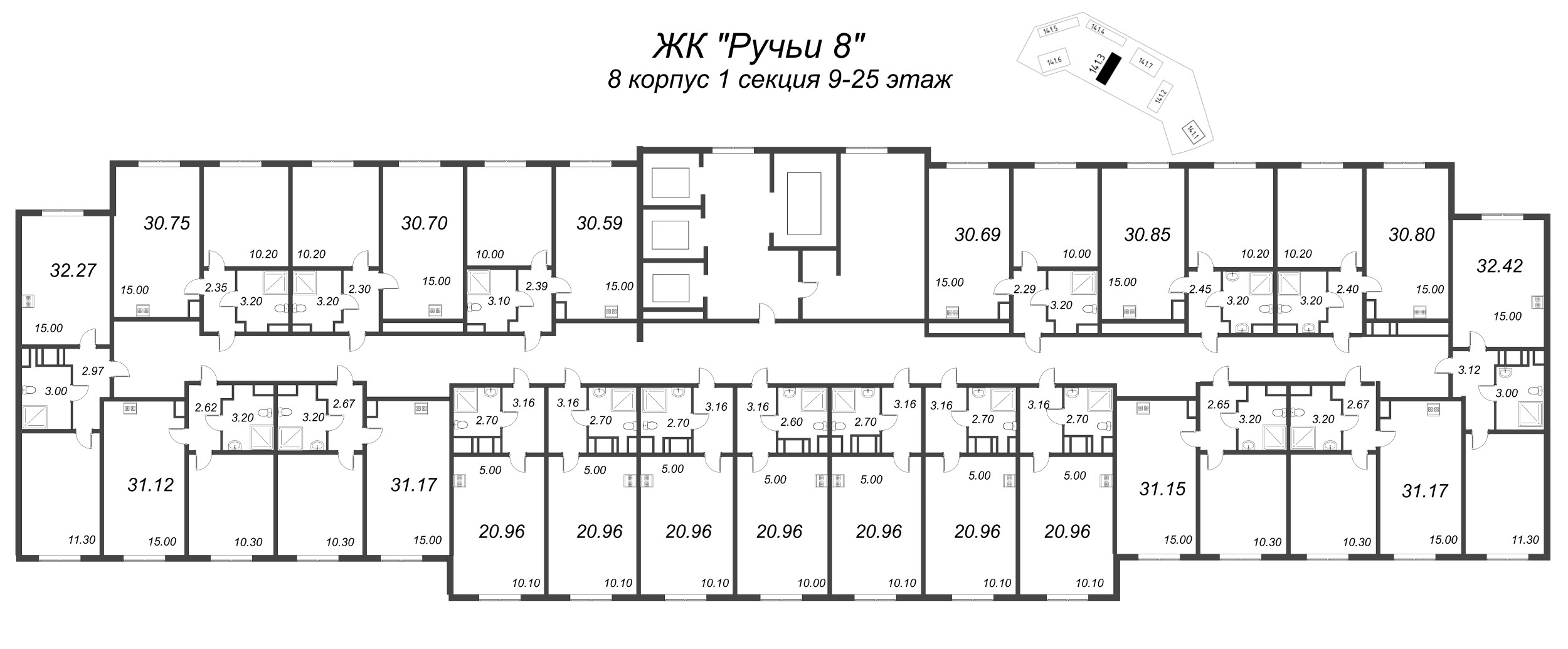 2-комнатная (Евро) квартира, 30.59 м² в ЖК "Ручьи" - планировка этажа