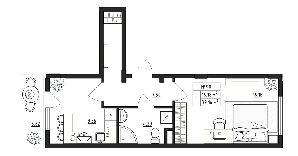 1-комнатная квартира, 39.14 м² в ЖК "Верево Сити" - планировка, фото №1