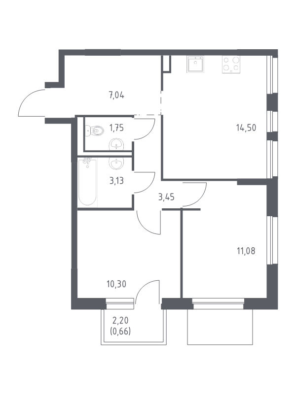 2-комнатная квартира, 51.91 м² - планировка, фото №1