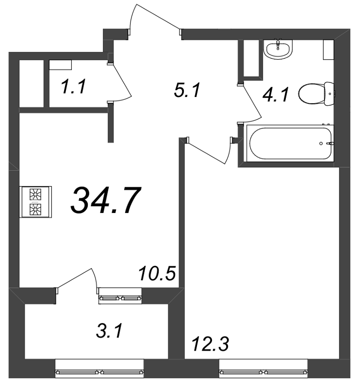 1-комнатная квартира, 34.7 м² в ЖК "Галактика" - планировка, фото №1