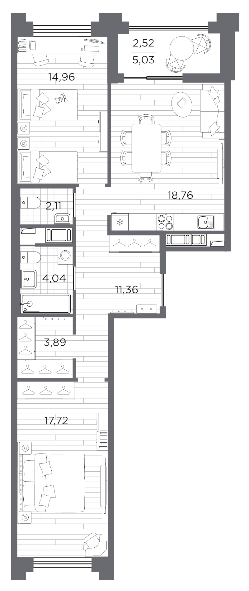 3-комнатная (Евро) квартира, 75.36 м² в ЖК "Ассамблея" - планировка, фото №1