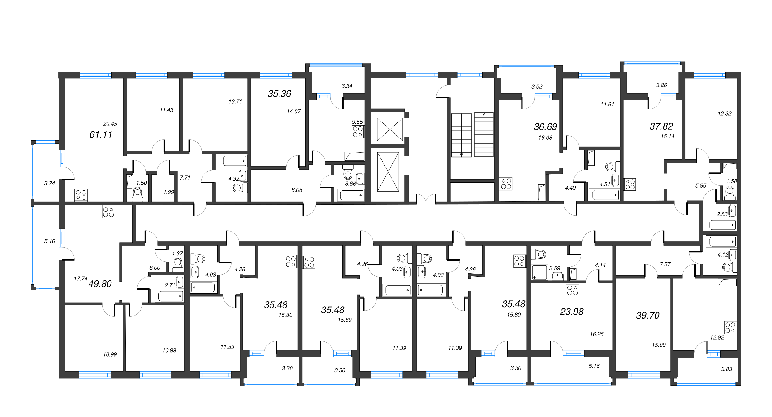 3-комнатная (Евро) квартира, 61.11 м² в ЖК "Новые горизонты" - планировка этажа