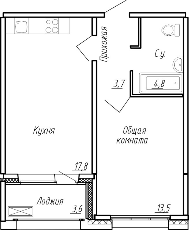 2-комнатная (Евро) квартира, 43.4 м² в ЖК "Сибирь" - планировка, фото №1