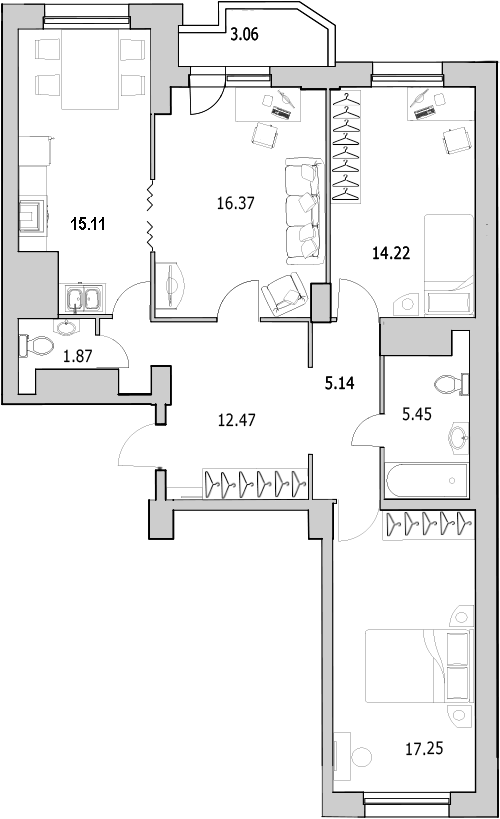 3-комнатная квартира, 90.5 м² - планировка, фото №1