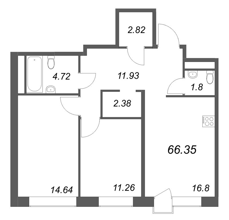 3-комнатная (Евро) квартира, 66.35 м² в ЖК "Avant" - планировка, фото №1