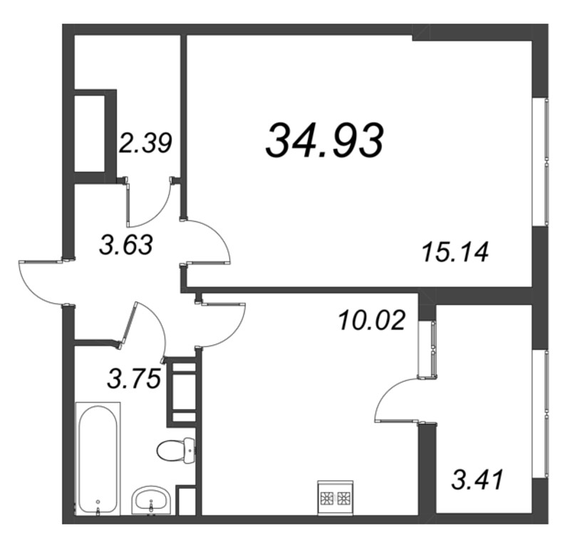 1-комнатная квартира, 34.93 м² - планировка, фото №1