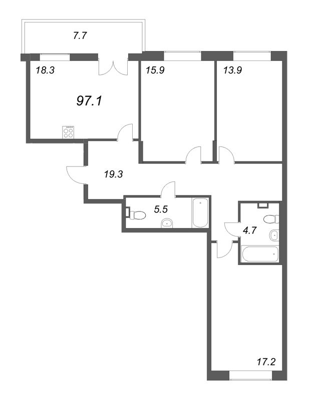 4-комнатная (Евро) квартира, 97.1 м² - планировка, фото №1