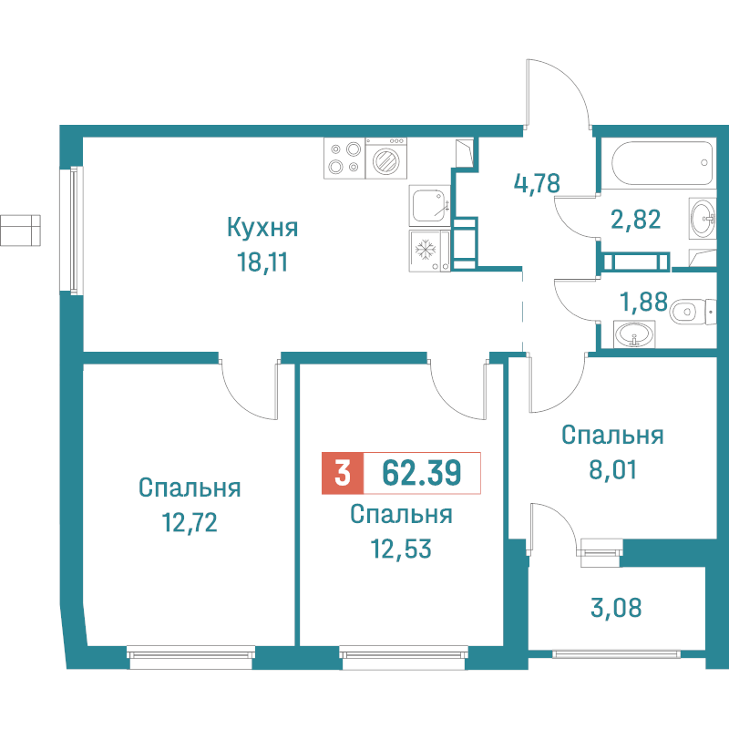 4-комнатная (Евро) квартира, 62.39 м² в ЖК "Графика" - планировка, фото №1