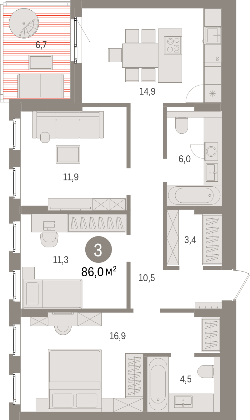 3-комнатная квартира, 86 м² в ЖК "Брусника в Новоселье" - планировка, фото №1