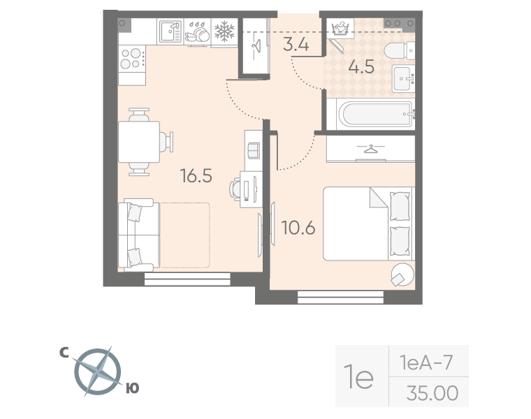 2-комнатная (Евро) квартира, 35 м² в ЖК "Пулково Lake" - планировка, фото №1