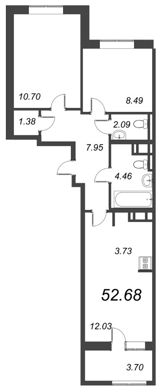 3-комнатная (Евро) квартира, 52.68 м² - планировка, фото №1