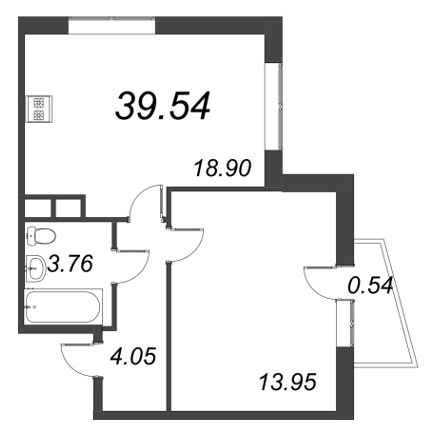 2-комнатная (Евро) квартира, 39.54 м² в ЖК "ВЕРЕН НОРТ сертолово" - планировка, фото №1