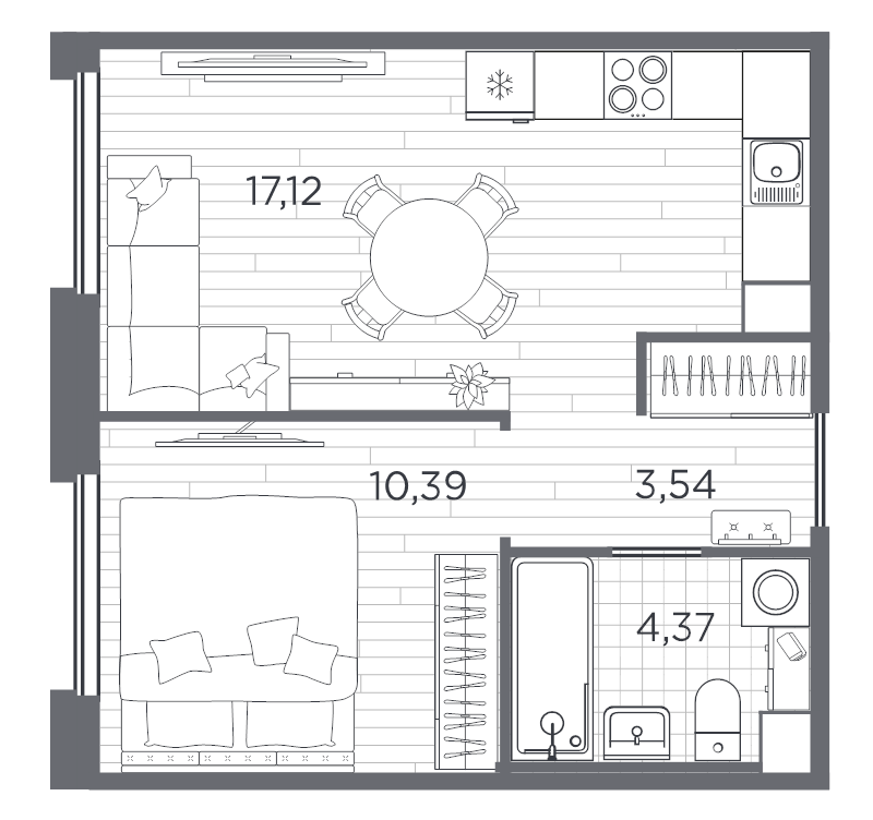 2-комнатная (Евро) квартира, 35.42 м² в ЖК "PLUS Пулковский" - планировка, фото №1