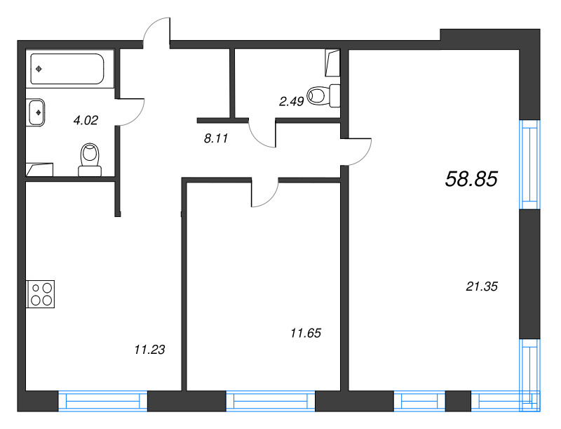 2-комнатная квартира, 58.85 м² в ЖК "Арт Парк" - планировка, фото №1