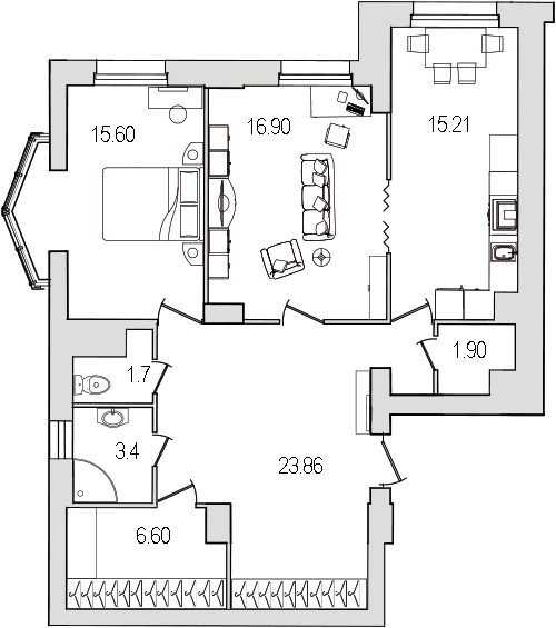 2-комнатная квартира, 86.7 м² - планировка, фото №1