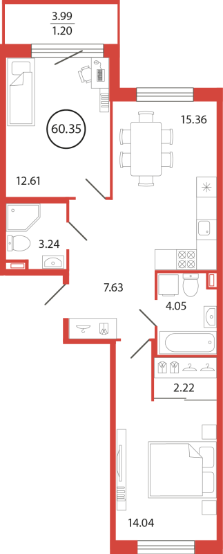 3-комнатная (Евро) квартира, 60.35 м² в ЖК "Энфилд" - планировка, фото №1
