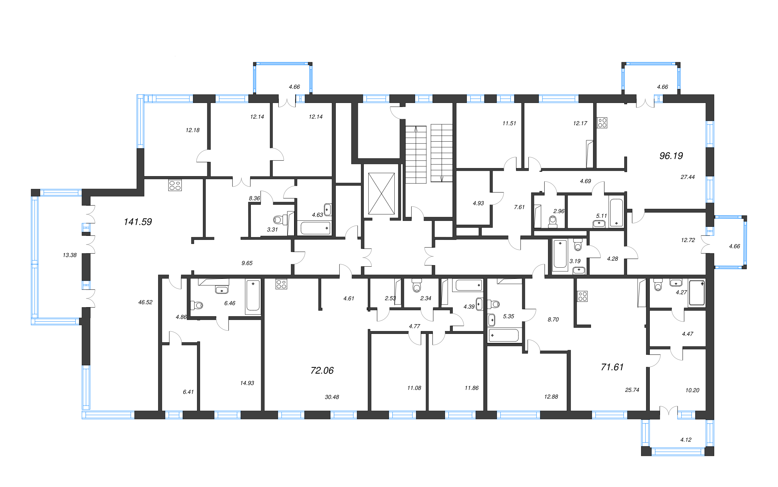 3-комнатная (Евро) квартира, 71.61 м² - планировка этажа