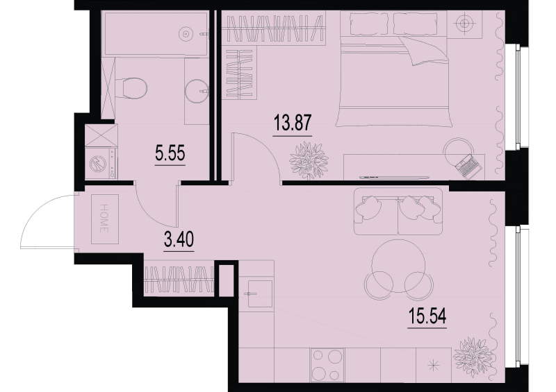 2-комнатная (Евро) квартира, 38.36 м² - планировка, фото №1
