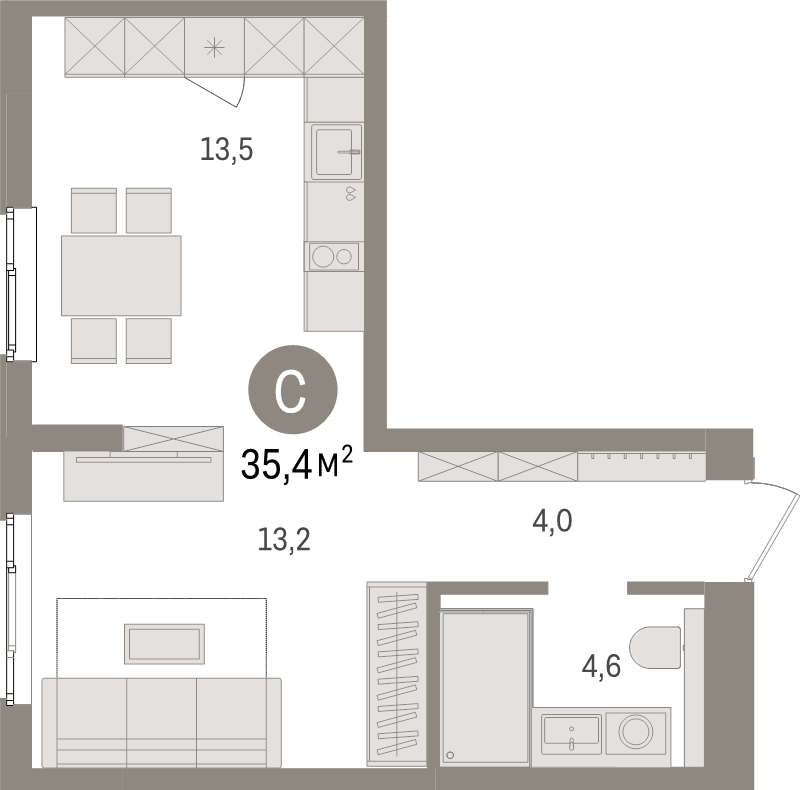 Квартира-студия, 35.4 м² в ЖК "Брусника в Новоселье" - планировка, фото №1