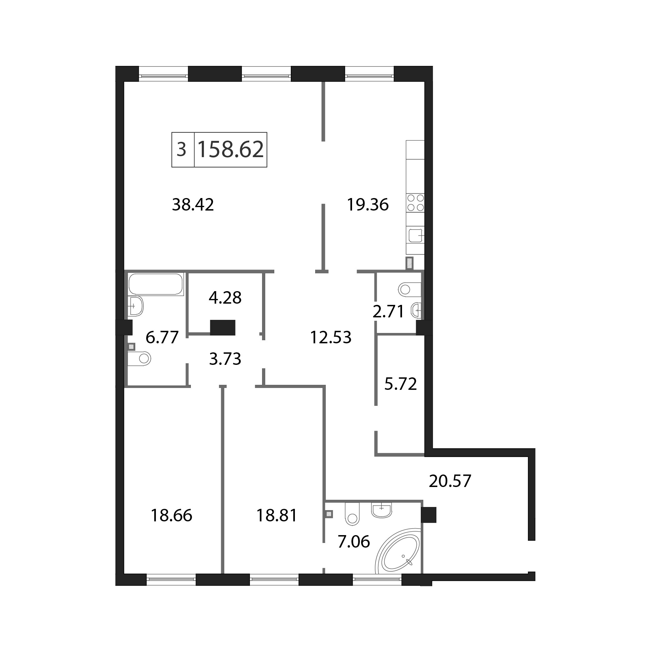 4-комнатная (Евро) квартира, 158.8 м² - планировка, фото №1