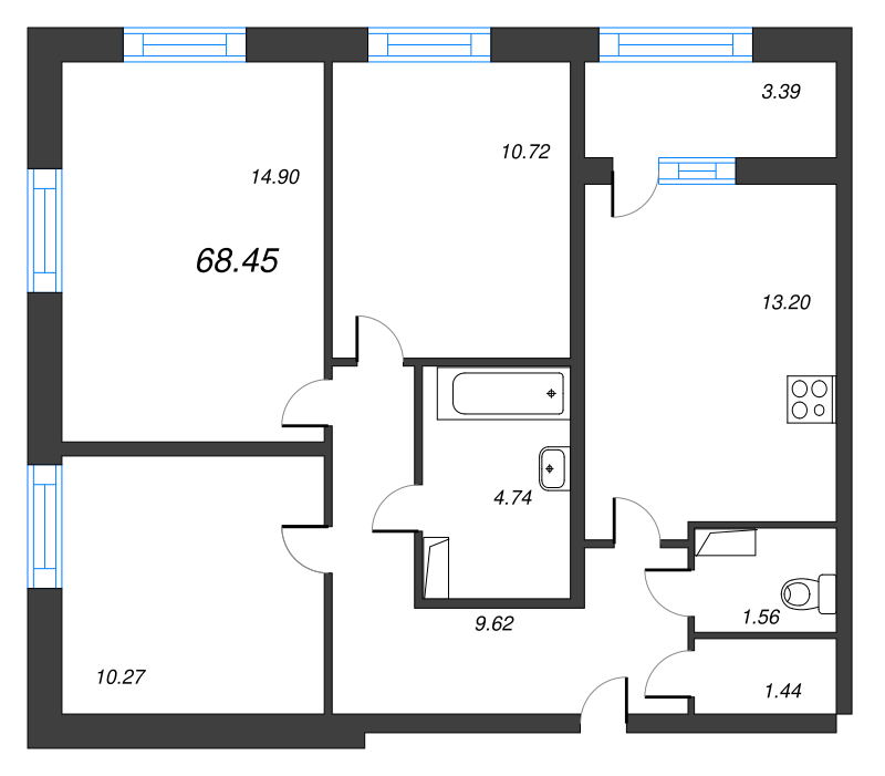 3-комнатная квартира, 68.45 м² - планировка, фото №1