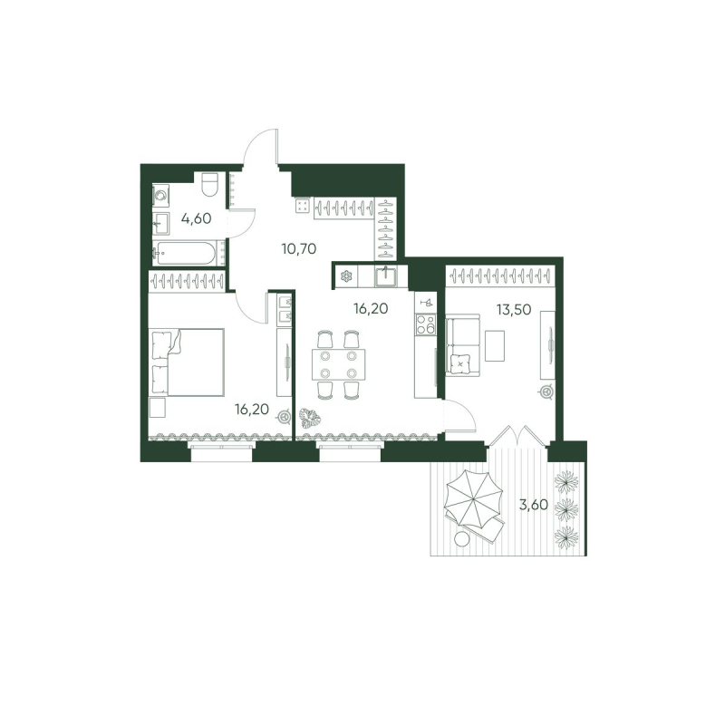 2-комнатная квартира, 64.8 м² в ЖК "Моисеенко 10" - планировка, фото №1
