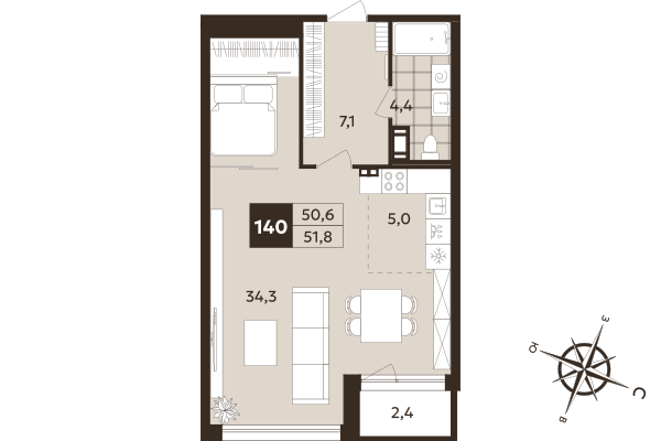 Квартира-студия, 50.6 м² в ЖК "Дом на Бронницкой" - планировка, фото №1