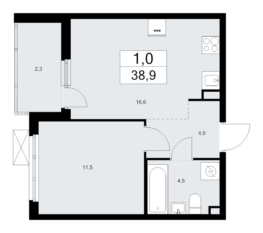 2-комнатная (Евро) квартира, 38.9 м² в ЖК "А101 Лаголово" - планировка, фото №1
