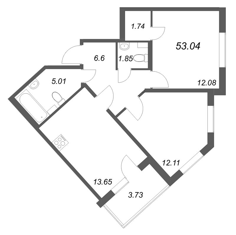 2-комнатная квартира, 53.04 м² в ЖК "Любоград" - планировка, фото №1