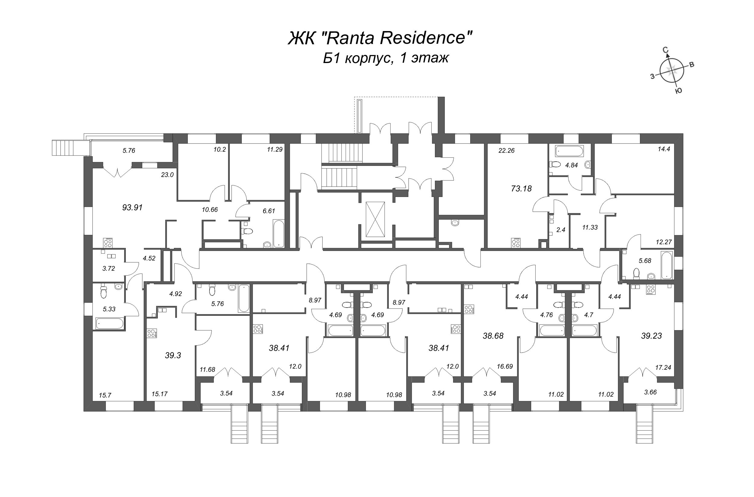 1-комнатная квартира, 39.3 м² в ЖК "Ranta Residence" - планировка этажа