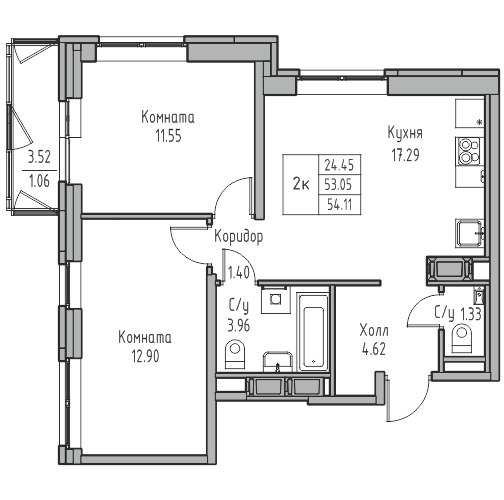 3-комнатная (Евро) квартира, 54.11 м² в ЖК "Юнтолово" - планировка, фото №1