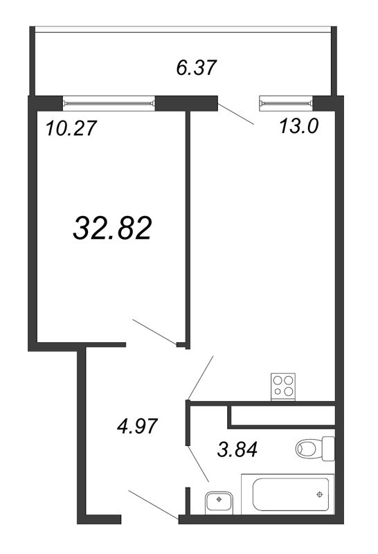 1-комнатная квартира, 34.02 м² - планировка, фото №1