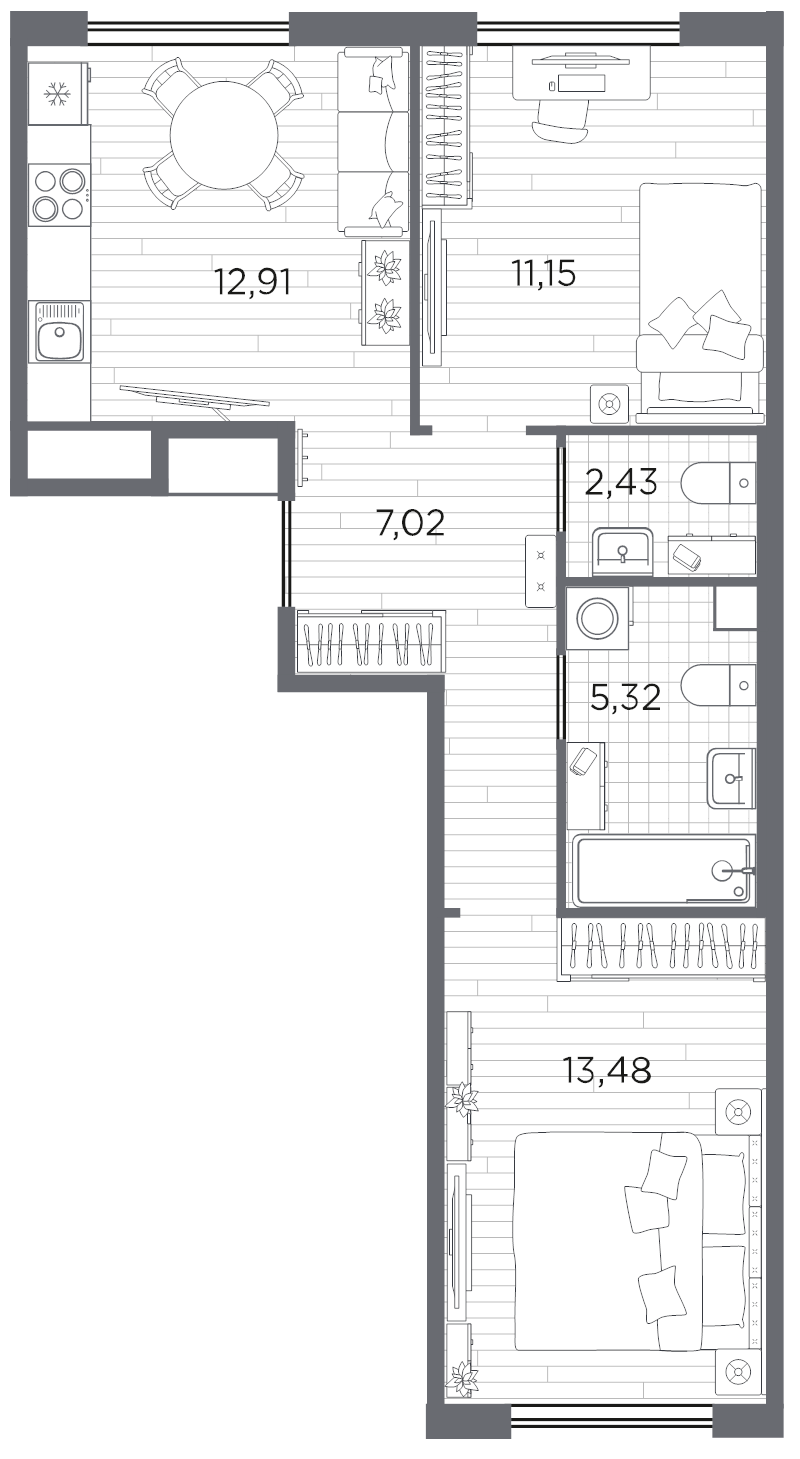 2-комнатная квартира, 52.31 м² в ЖК "PLUS Пулковский" - планировка, фото №1