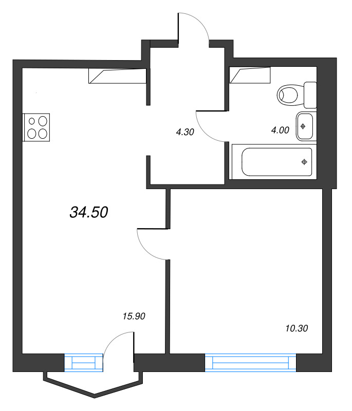 2-комнатная (Евро) квартира, 34.5 м² в ЖК "Струны" - планировка, фото №1