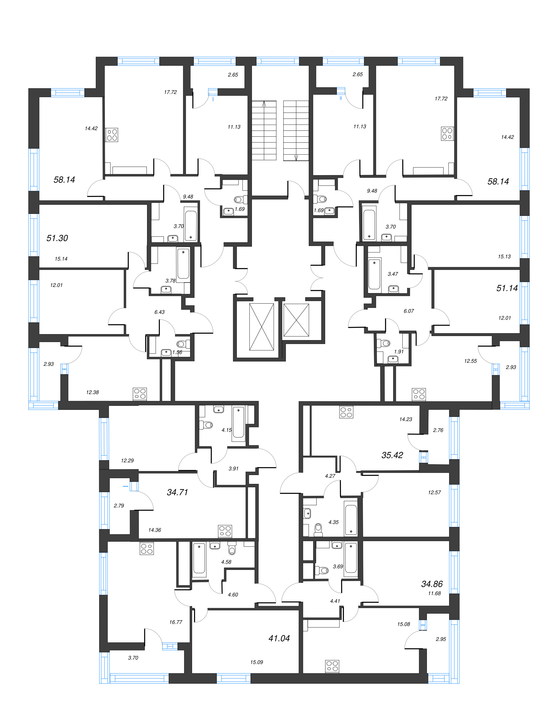 3-комнатная (Евро) квартира, 58.14 м² - планировка этажа